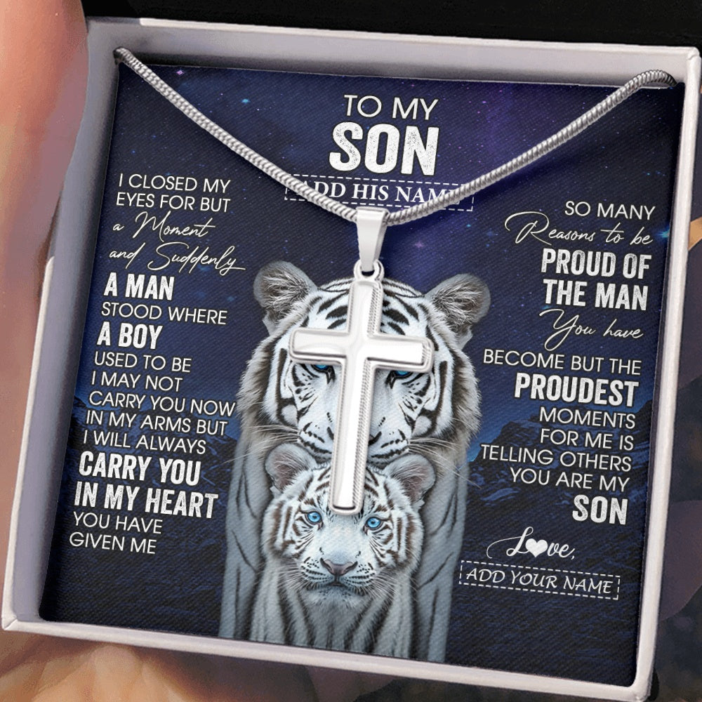 Stainless Cross Necklace Stainless Steel | 2 | Personalized To My Son Necklace From Mom Dad I Close My Eyes White Tiger Birthday Gift For Son Graduation Christmas Custom Jewelry Gift Box Message Card | https://teecentury.