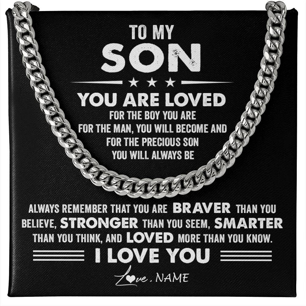 Cuban Link Chain Necklace Stainless Steel | 1 | Personalized To My Son Necklace From Mom Dad Mother Father Cuban Chain You Are Loved Gifts Son Birthday Graduation Christmas Customized Gift Box Message Card | teecentury