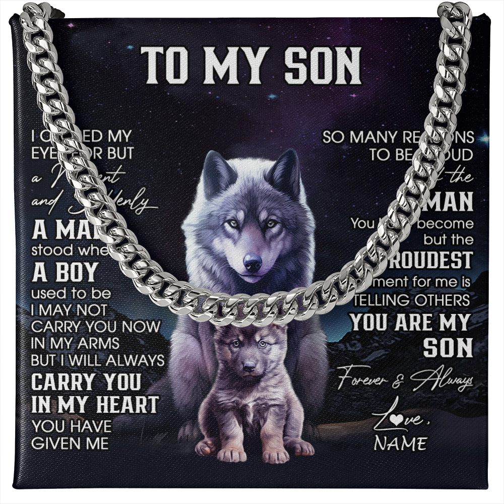 Cuban Link Chain Necklace Stainless Steel | 1 | Personalized To My Son Necklace From Mom Dad Mother Father I Close My Eyes Wolf Son Birthday Gifts Graduation Christmas Customized Gift Box Message Card | teecentury