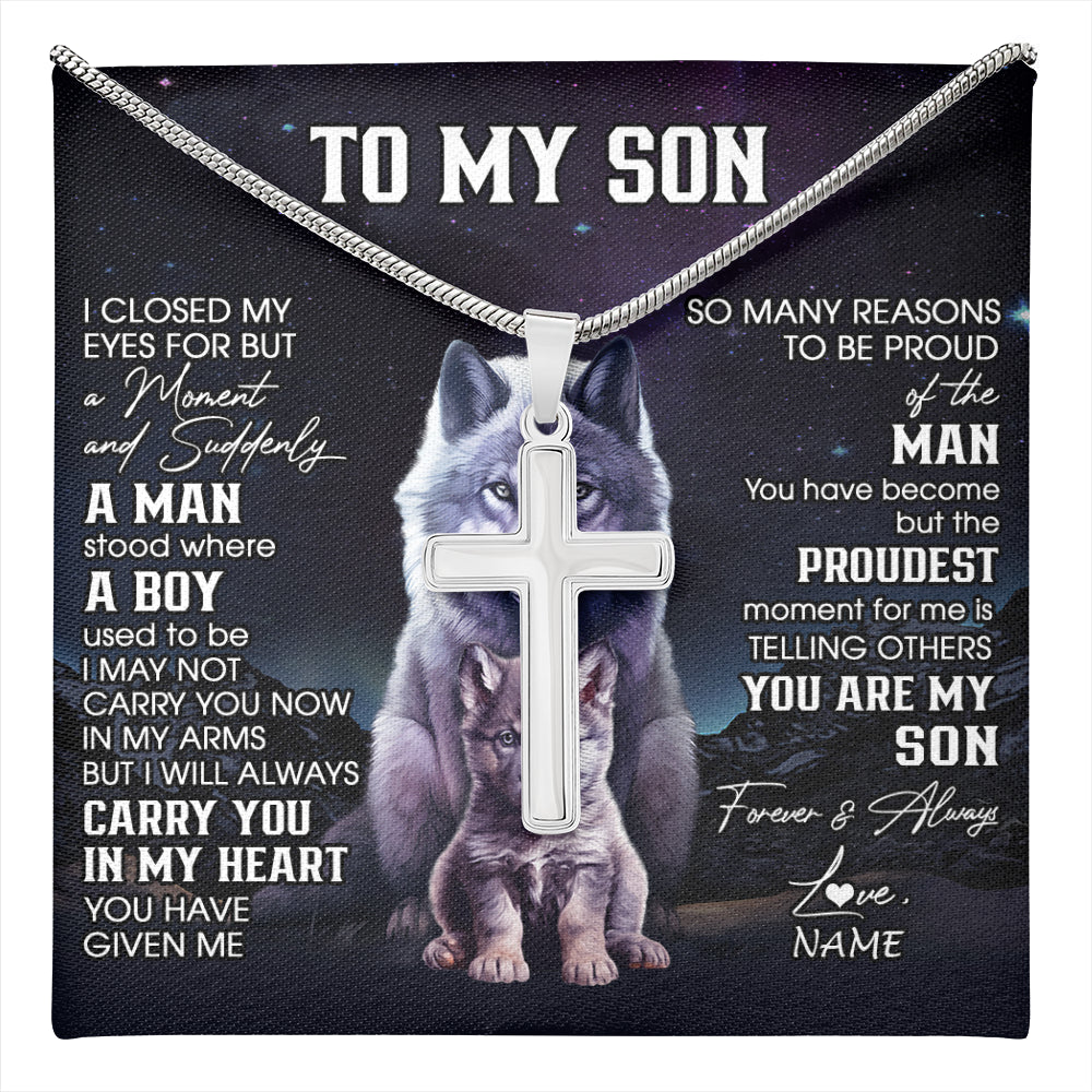 Stainless Cross Necklace Stainless Steel | 1 | Personalized To My Son Necklace From Mom Dad Mother Father I Close My Eyes Wolf Son Birthday Gifts Graduation Christmas Customized Gift Box Message Card | teecentury