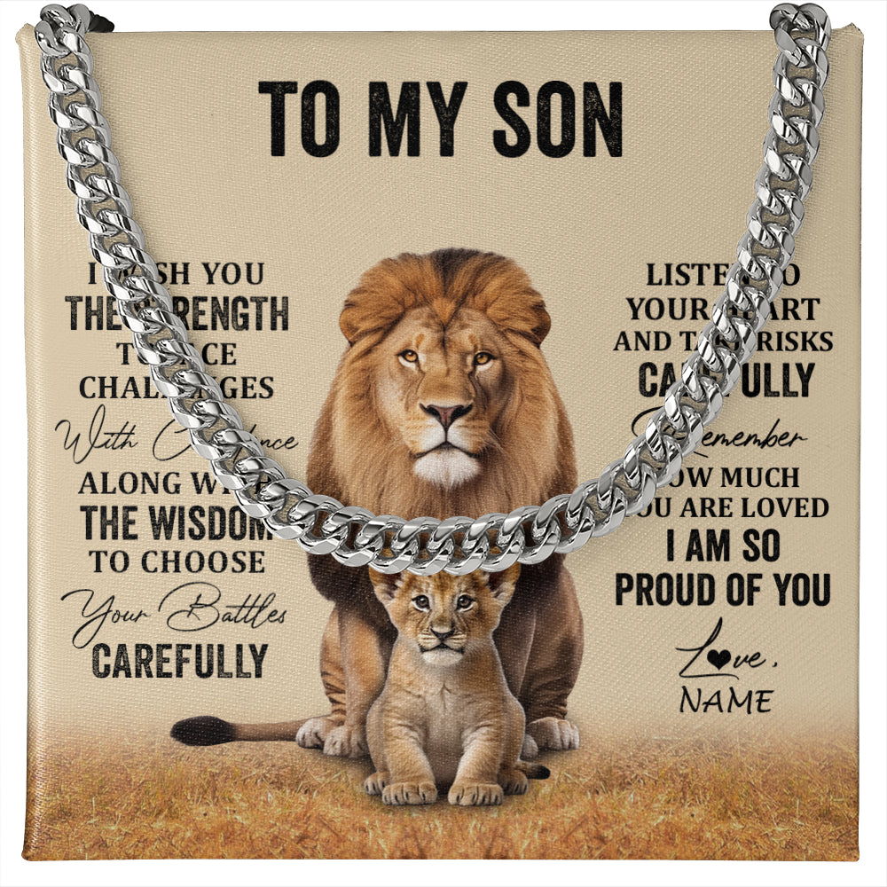 Cuban Link Chain Necklace Stainless Steel | 1 | Personalized To My Son Necklace From Mom Dad Mother Father I Wish You The Strength Lion Son Birthday Graduation Christmas Customized Gift Box Message Card | teecentury