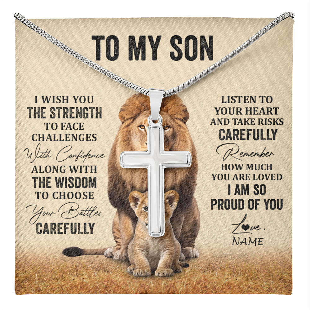 Stainless Cross Necklace Stainless Steel | 1 | Personalized To My Son Necklace From Mom Dad Mother Father I Wish You The Strength Lion Son Birthday Graduation Christmas Customized Gift Box Message Card | teecentury