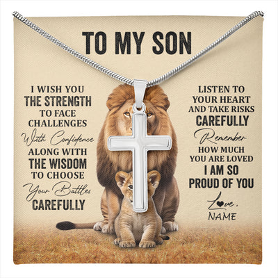 Stainless Cross Necklace Stainless Steel | 1 | Personalized To My Son Necklace From Mom Dad Mother Father I Wish You The Strength Lion Son Birthday Graduation Christmas Customized Gift Box Message Card | teecentury