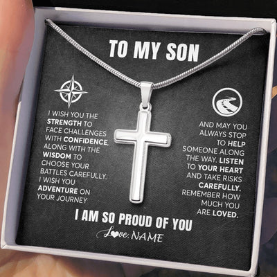 Stainless Cross Necklace Stainless Steel | 2 | Personalized To My Son Necklace From Mom Dad Mother Father I Wish You The Strength Son Birthday Graduation Inspirational Customized Gift Box Message Card | teecentury.myshopify