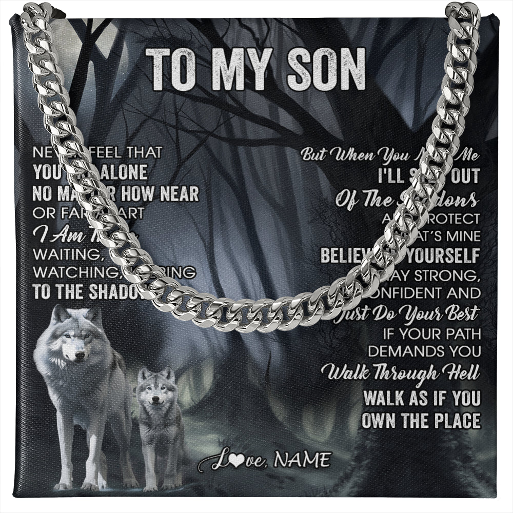 Cuban Link Chain Necklace Stainless Steel | 1 | Personalized To My Son Necklace From Mom Dad Mother Father Never Feel That You Are Alone Wolf Son Birthday Gifts Christmas Customized Gift Box Message Card | teecentury