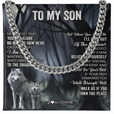 Cuban Link Chain Necklace Stainless Steel | 1 | Personalized To My Son Necklace From Mom Dad Mother Father Never Feel That You Are Alone Wolf Son Birthday Gifts Christmas Customized Gift Box Message Card | teecentury