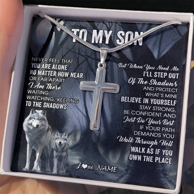 Stainless Cross Necklace Stainless Steel | 2 | Personalized To My Son Necklace From Mom Dad Mother Father Never Feel That You Are Alone Wolf Son Birthday Gifts Christmas Customized Gift Box Message Card | teecentury