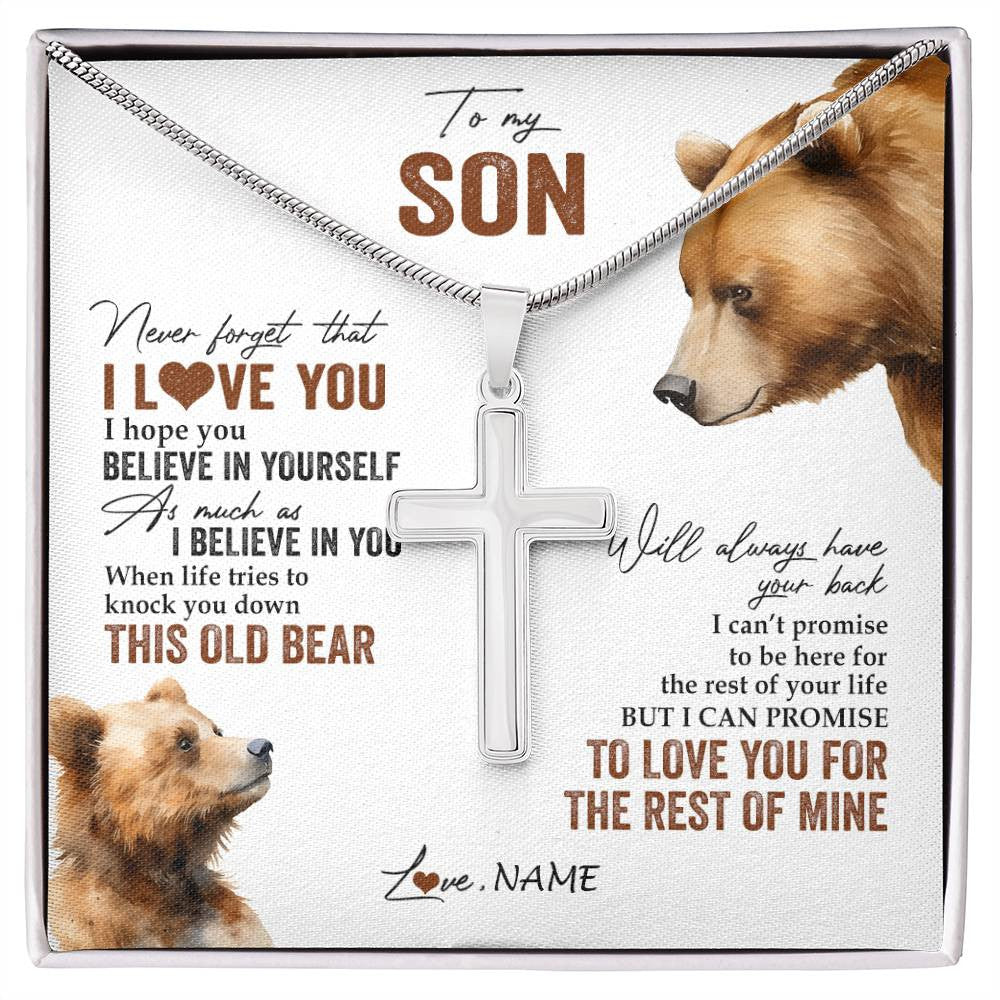 Stainless Cross Necklace Stainless Steel | 1 | Personalized To My Son Necklace From Mom Dad Mother Father Never Forget That I Love You Bear Son Birthday Graduation Christmas Customized Gift Box Message Card | teecentury