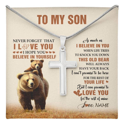 Stainless Cross Necklace Stainless Steel | 1 | Personalized To My Son Necklace From Mom Dad Mother Father This Old Bear Love You Son Birthday Gifts Graduation Christmas Customized Gift Box Message Card | teecentury