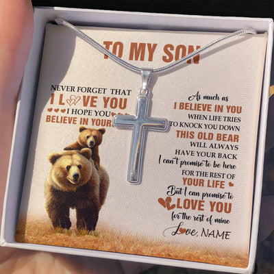 Stainless Cross Necklace Stainless Steel | 2 | Personalized To My Son Necklace From Mom Dad Mother Father This Old Bear Love You Son Birthday Gifts Graduation Christmas Customized Gift Box Message Card | teecentury