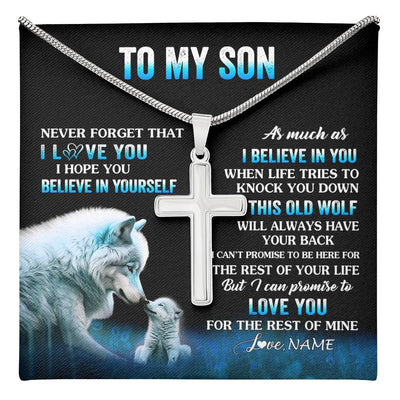 Stainless Cross Necklace Stainless Steel | 1 | Personalized To My Son Necklace From Mom Dad Mother Father This Old Wolf Love Son Birthday Gifts Graduation Christmas Customized Gift Box Message Card | teecentury