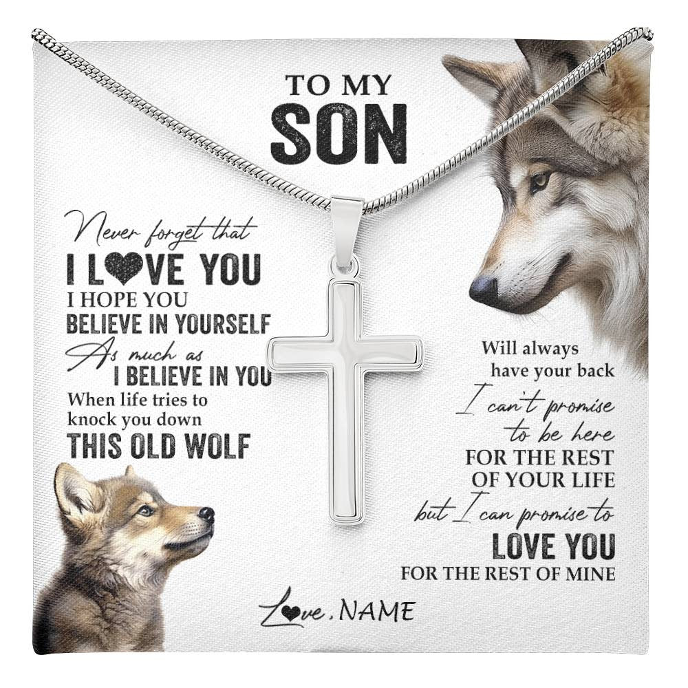Stainless Cross Necklace Stainless Steel | 1 | Personalized To My Son Necklace From Mom Dad Mother Father This Old Wolf Love You Son Birthday Graduation Christmas Customized Gift Box Message Card | teecentury