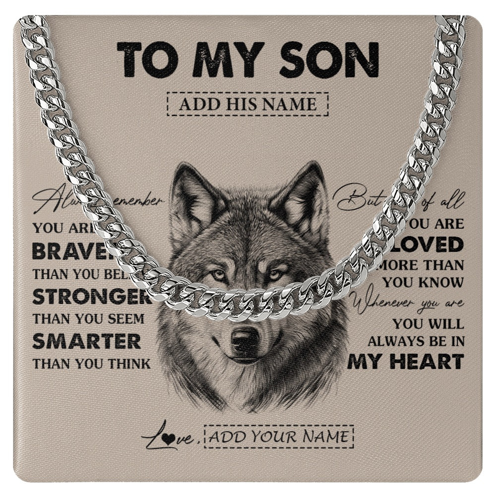 Cuban Link Chain Necklace Stainless Steel | 1 | Personalized To My Son Necklace From Mom Dad Mother Father Wolf Braver Stronger Smarter Son Birthday Graduation Christmas Customized Gift Box Message Card | teecentury.myshopify