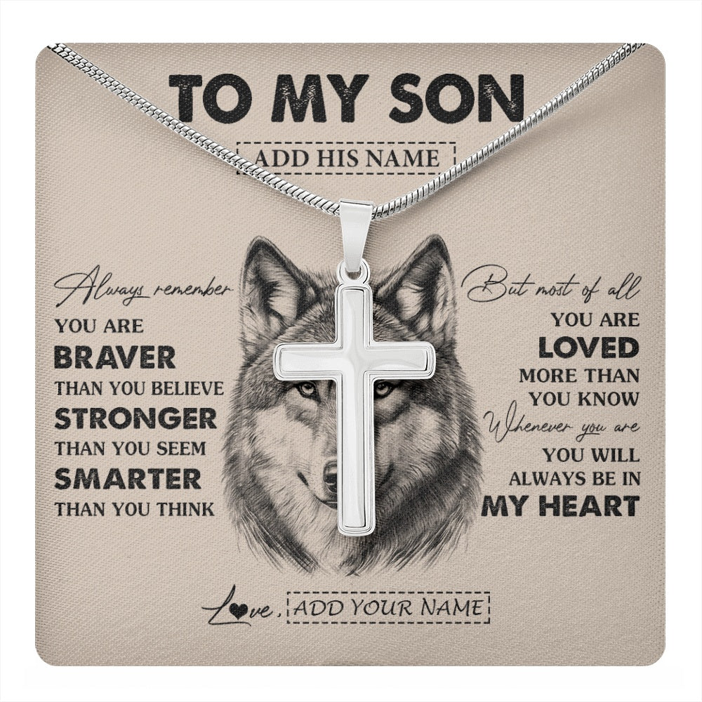 Stainless Cross Necklace Stainless Steel | 1 | Personalized To My Son Necklace From Mom Dad Mother Father Wolf Braver Stronger Smarter Son Birthday Graduation Christmas Customized Gift Box Message Card | teecentury.myshopify