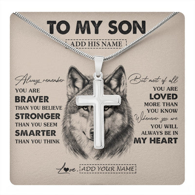 Stainless Cross Necklace Stainless Steel | 1 | Personalized To My Son Necklace From Mom Dad Mother Father Wolf Braver Stronger Smarter Son Birthday Graduation Christmas Customized Gift Box Message Card | teecentury.myshopify