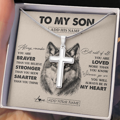 Stainless Cross Necklace Stainless Steel | 2 | Personalized To My Son Necklace From Mom Dad Mother Father Wolf Braver Stronger Smarter Son Birthday Graduation Christmas Customized Gift Box Message Card | teecentury.myshopify