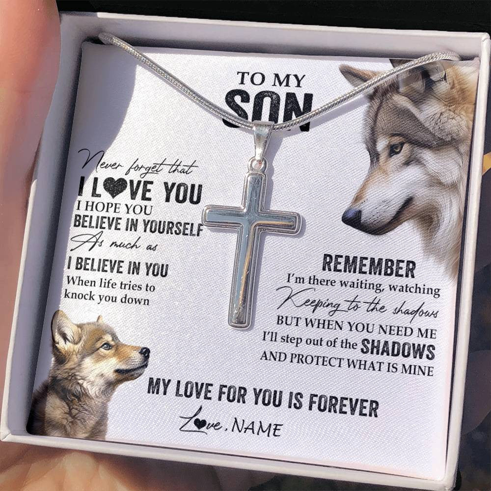 Stainless Cross Necklace Stainless Steel | 2 | Personalized To My Son Necklace From Mom Dad Mother Father Wolf My Love For You Is Forever Son Birthday Graduation Christmas Customized Gift Box Message Card | teecentury