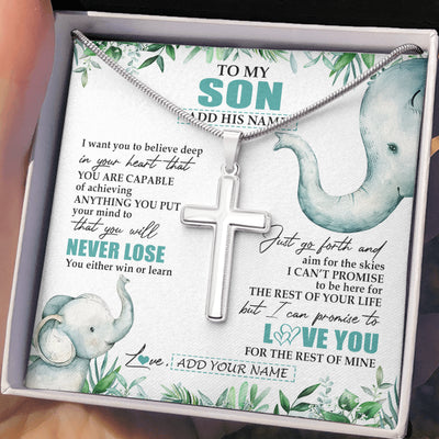 Stainless Cross Necklace Stainless Steel | 2 | Personalized To My Son Necklace From Mom Dad Mother Father You Will Never Lose Elephant Son Birthday Gifts Graduation Christmas Custom Gift Box Message Card | teecentury