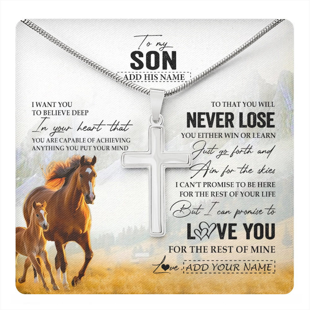 Stainless Cross Necklace Stainless Steel | 1 | Personalized To My Son Necklace From Mom Dad Mother Father You Will Never Lose Horse Son Birthday Gifts Graduation Christmas Customized Gift Box Message Card | teecentury