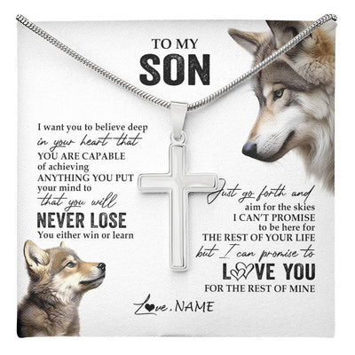 Stainless Cross Necklace Stainless Steel | 1 | Personalized To My Son Necklace From Mom Dad Mother Father You Will Never Lose Wolf Son Birthday Graduation Christmas Customized Gift Box Message Card | teecentury
