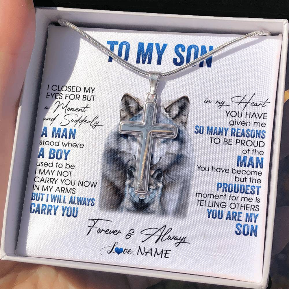 Stainless Cross Necklace Stainless Steel | 2 | Personalized To My Son Necklace From Mom Dad Mother I Close My Eyes For But A Moment Wolf Son Birthday Gifts Christmas Customized Gift Box Message Card | teecentury