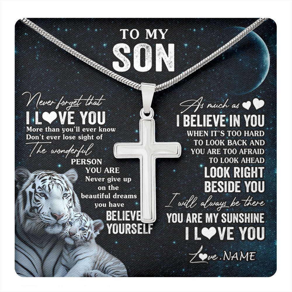Stainless Cross Necklace Stainless Steel | 1 | Personalized To My Son Necklace From Mom Dad Mother Never Forget I Love You White Tiger Son Birthday Graduation Christmas Customized Gift Box Message Card | teecentury