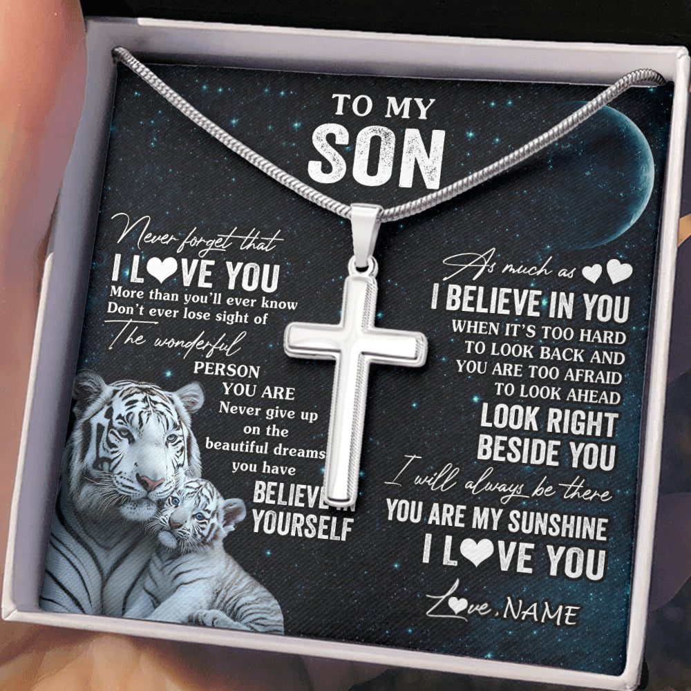 Stainless Cross Necklace Stainless Steel | 2 | Personalized To My Son Necklace From Mom Dad Mother Never Forget I Love You White Tiger Son Birthday Graduation Christmas Customized Gift Box Message Card | teecentury
