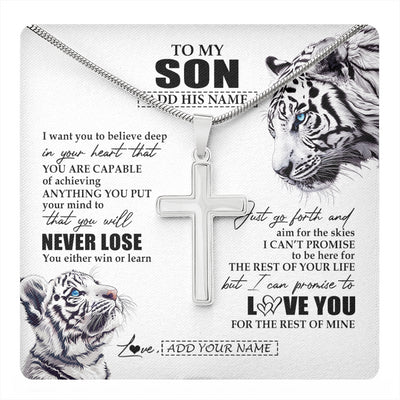 Stainless Cross Necklace Stainless Steel | 1 | Personalized To My Son Necklace From Mom Dad Mother You Will Never Lose White Tiger Son Birthday Gifts Graduation Christmas Customized Gift Box Message Card | teecentury