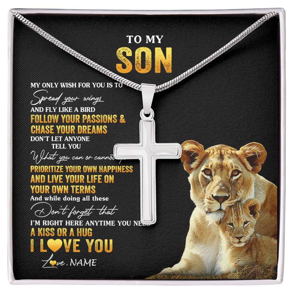 Stainless Cross Necklace Stainless Steel | 1 | Personalized To My Son Necklace From Mom Mother Lion My Only Wish For You Son Birthday Graduation Christmas Customized Gift Box Message Card | teecentury