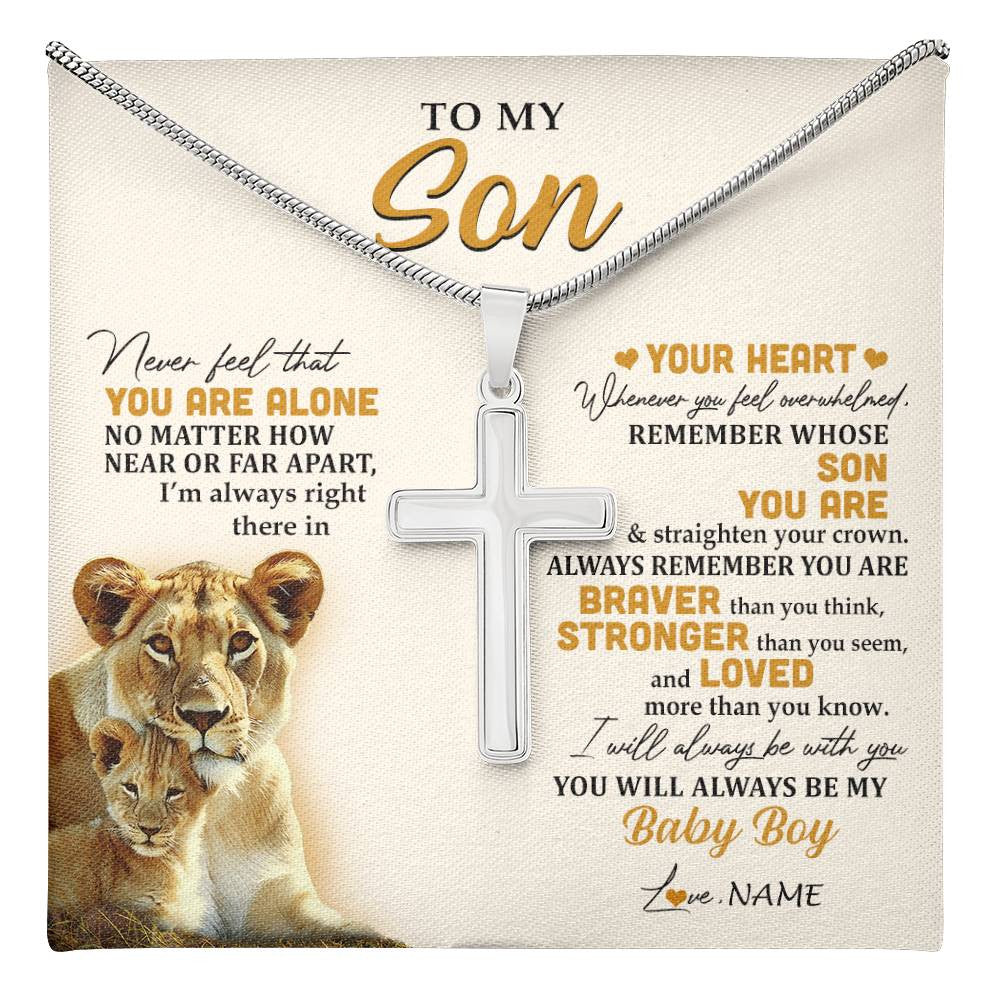 Stainless Cross Necklace Stainless Steel | 1 | Personalized To My Son Necklace From Mom Mother Lion Never Feel That You Are Alone Great Son Birthday Christmas Customized Gift Box Message Card | teecentury