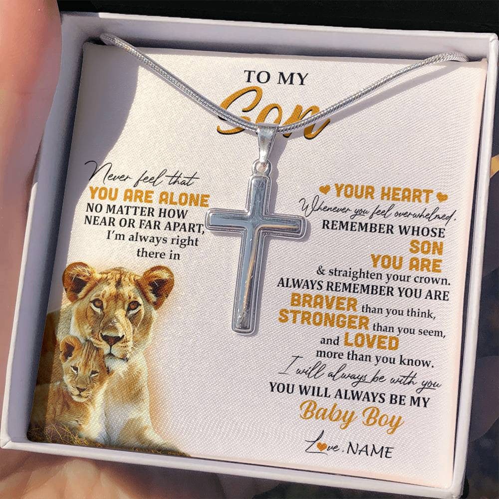 Stainless Cross Necklace Stainless Steel | 2 | Personalized To My Son Necklace From Mom Mother Lion Never Feel That You Are Alone Great Son Birthday Christmas Customized Gift Box Message Card | teecentury