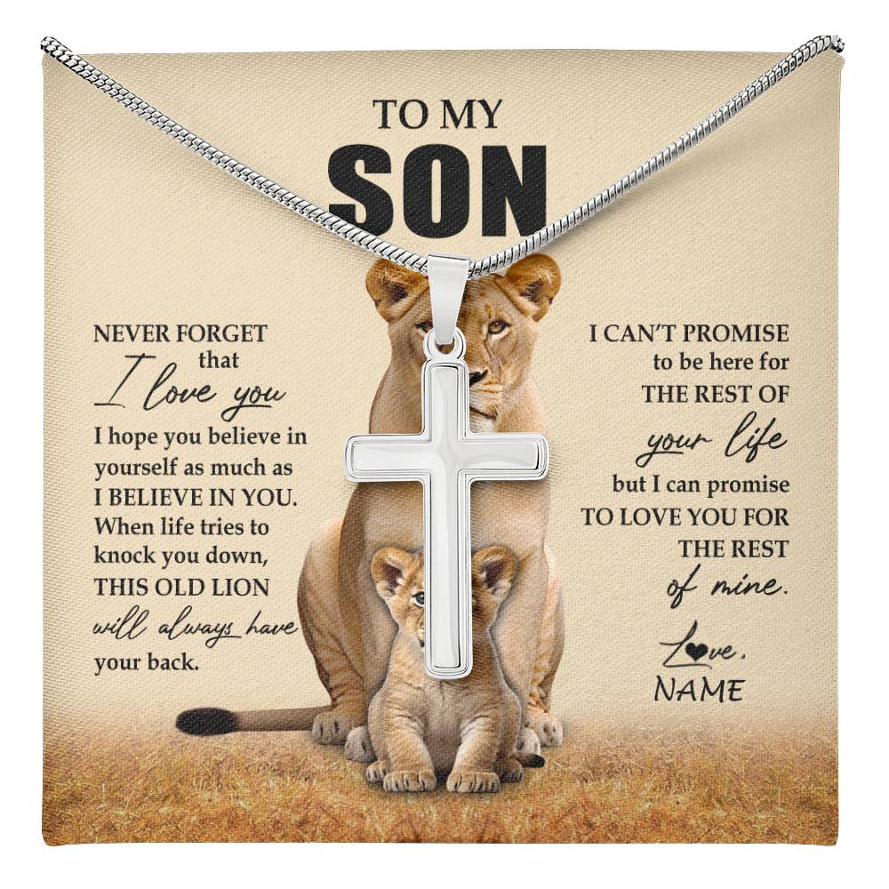 Stainless Cross Necklace Stainless Steel | 1 | Personalized To My Son Necklace From Mom Mother Lion Never Forget That I Love You Son Birthday Gifts Graduation Christmas Customized Message Card | teecentury