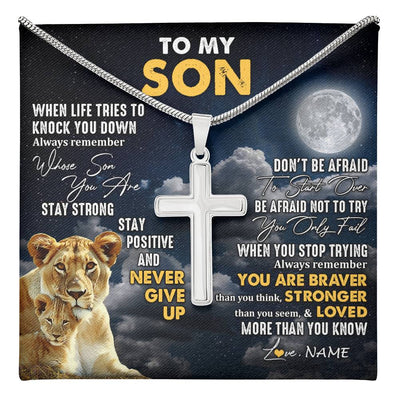 Stainless Cross Necklace Stainless Steel | 1 | Personalized To My Son Necklace From Mom Mother Lion Never Give Up Son Birthday Graduation Christmas Jewelry Customized Gift Box Message Card | teecentury