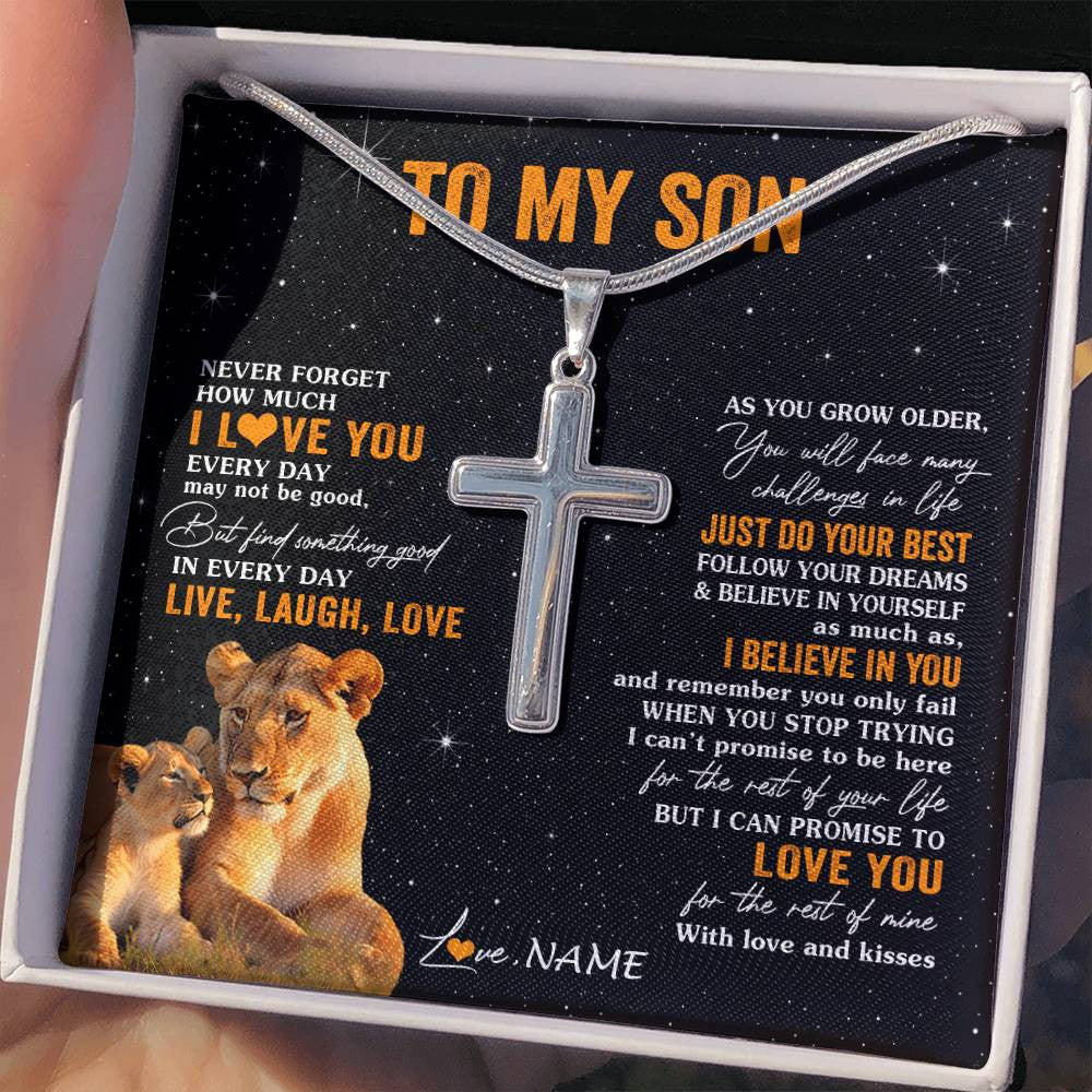 Stainless Cross Necklace Stainless Steel | 2 | Personalized To My Son Necklace From Mom Mother Live Laugh Love Lion Son Birthday Gifts Positive Graduation Christmas Customized Gift Box Message Card | teecentury