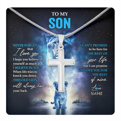 Stainless Cross Necklace Stainless Steel | 1 | Personalized To My Son Necklace From Mom Mother Never Forget I Love You Lion Son Jewelry Birthday Graduation Christmas Customized Message Card | teecentury