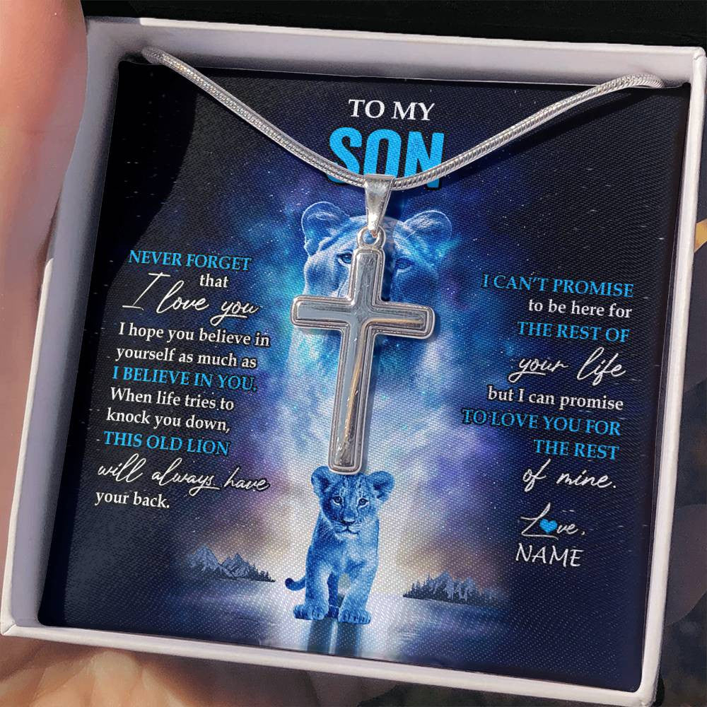 Stainless Cross Necklace Stainless Steel | 2 | Personalized To My Son Necklace From Mom Mother Never Forget I Love You Lion Son Jewelry Birthday Graduation Christmas Customized Message Card | teecentury