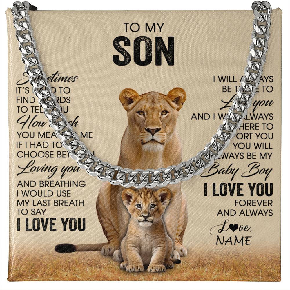 Cuban Link Chain Necklace Stainless Steel | 1 | Personalized To My Son Necklace From Mom Mother Sometimes It's Hard Lion Son Gift Birthday Jewelry Graduation Christmas Customized Gift Box Message Card | teecentury