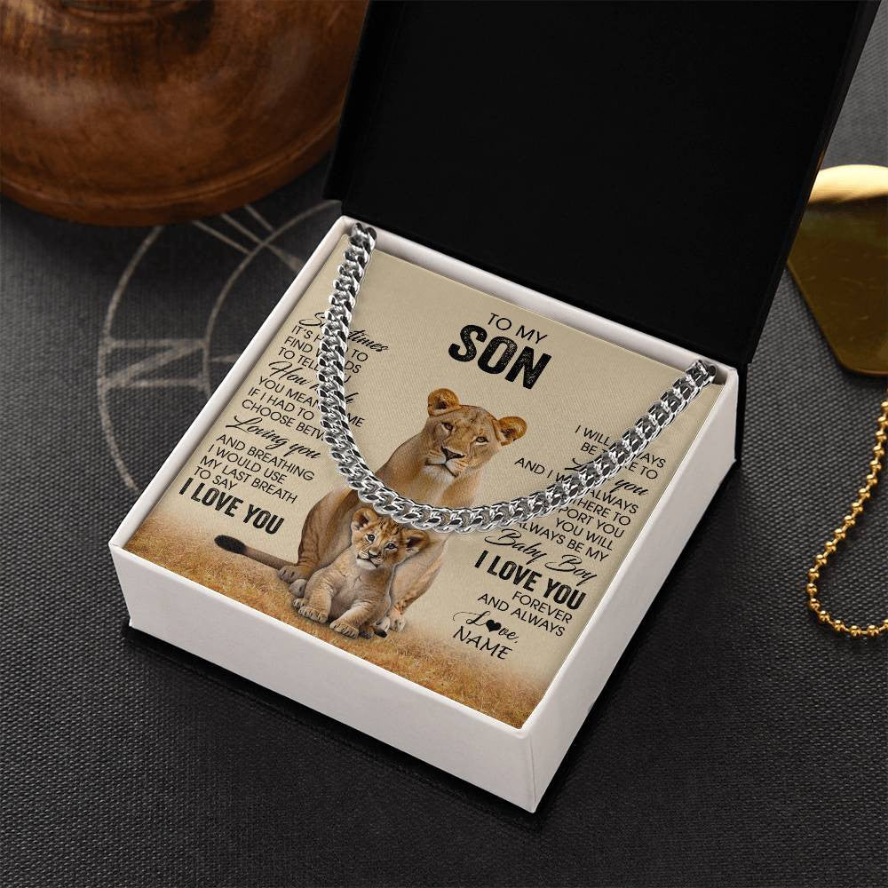 Cuban Link Chain Necklace Stainless Steel | 2 | Personalized To My Son Necklace From Mom Mother Sometimes It's Hard Lion Son Gift Birthday Jewelry Graduation Christmas Customized Gift Box Message Card | teecentury