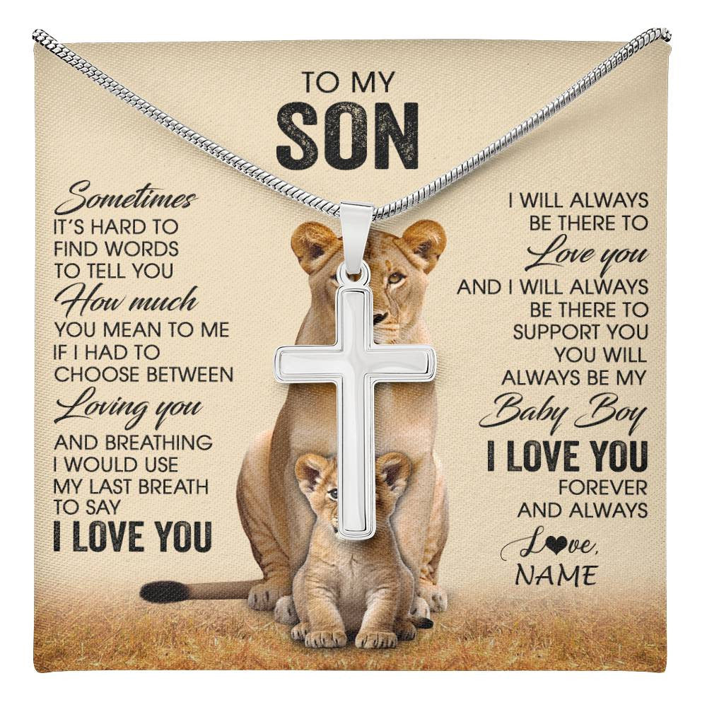 Stainless Cross Necklace Stainless Steel | 1 | Personalized To My Son Necklace From Mom Mother Sometimes It's Hard Lion Son Gift Birthday Jewelry Graduation Christmas Customized Gift Box Message Card | teecentury