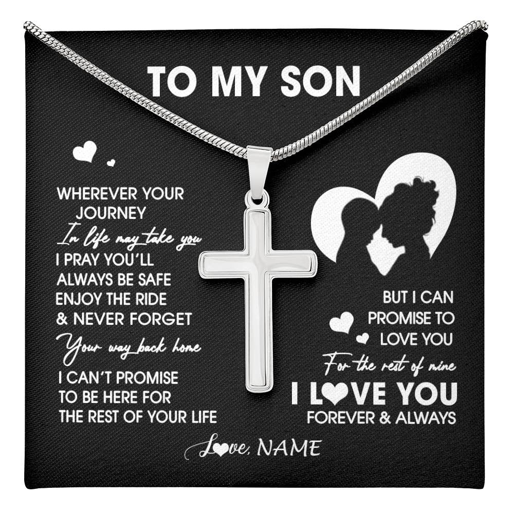 Stainless Cross Necklace Stainless Steel | 1 | Personalized To My Son Necklace From Mom Mother Wherever Your Journey Son Birthday Gifts Jewelry Graduation Christmas Customized Gift Box Message Card | teecentury