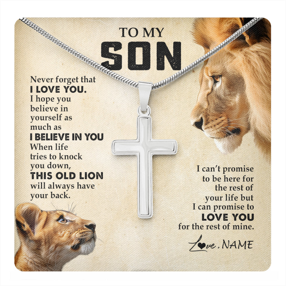 Stainless Cross Necklace Stainless Steel | 1 | Personalized To My Son Necklace from Dad Father Never Forget I Love You Lion Son Birthday Graduation Christmas Jewelry Customized Gift Box Message Card | teecentury