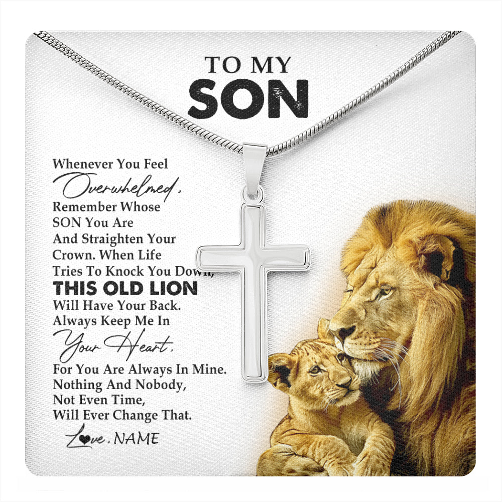 Stainless Cross Necklace Stainless Steel | 1 | Personalized To My Son Necklace from Dad Father Whenever You Fell Overwhelmed Lion Son Birthday Graduation Christmas Jewelry Customized Gift Box Message Card | teecentury