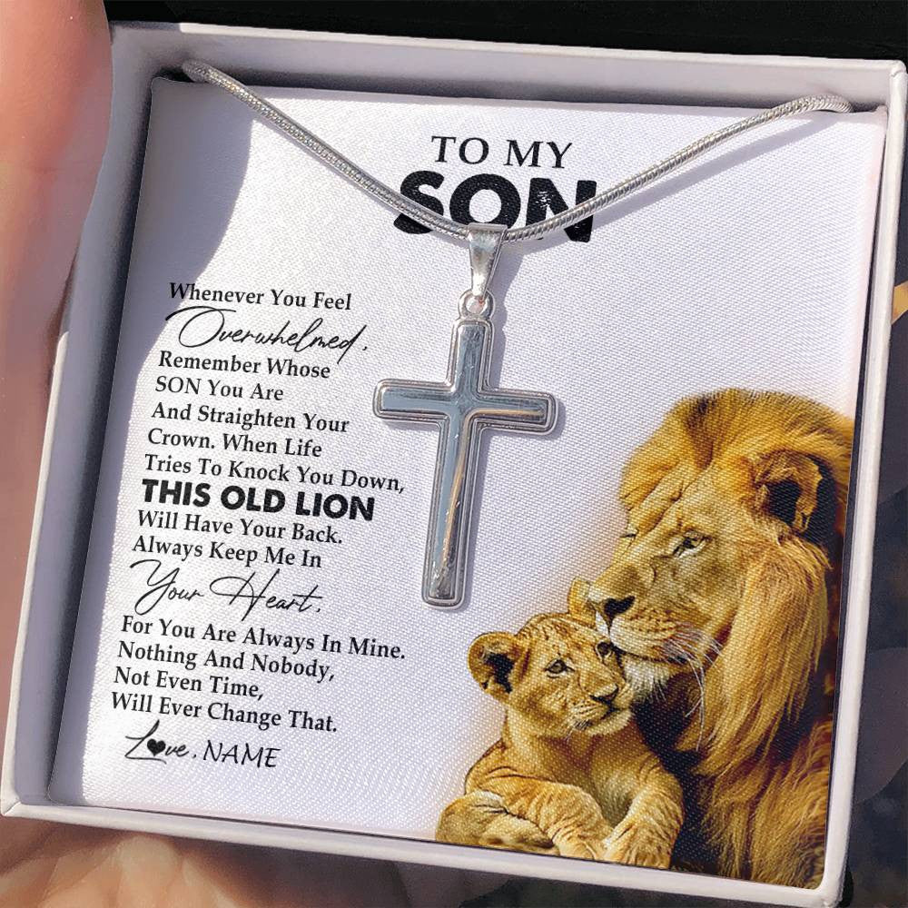 Stainless Cross Necklace Stainless Steel | 2 | Personalized To My Son Necklace from Dad Father Whenever You Fell Overwhelmed Lion Son Birthday Graduation Christmas Jewelry Customized Gift Box Message Card | teecentury