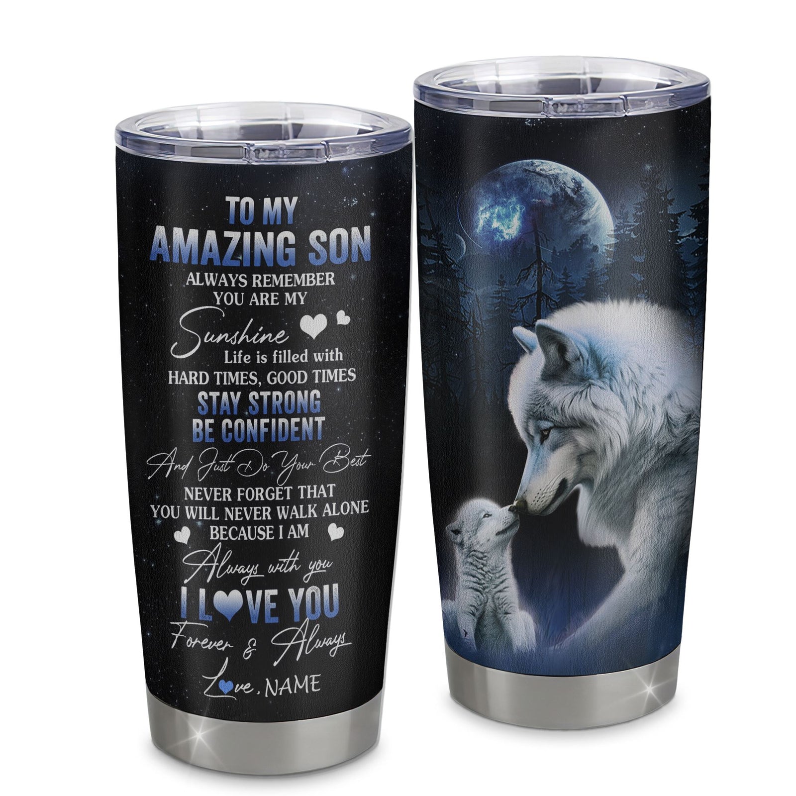 Personalized To My Son Tumbler From Mom Mother Dad Father Stainless Steel Cup Moon Wolf Son Birthday Gifts Graduation Christmas Custom Travel Mug | teecentury