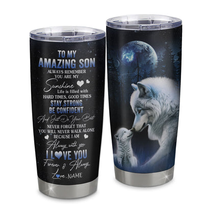 Personalized To My Son Tumbler From Mom Mother Dad Father Stainless Steel Cup Moon Wolf Son Birthday Gifts Graduation Christmas Custom Travel Mug | teecentury