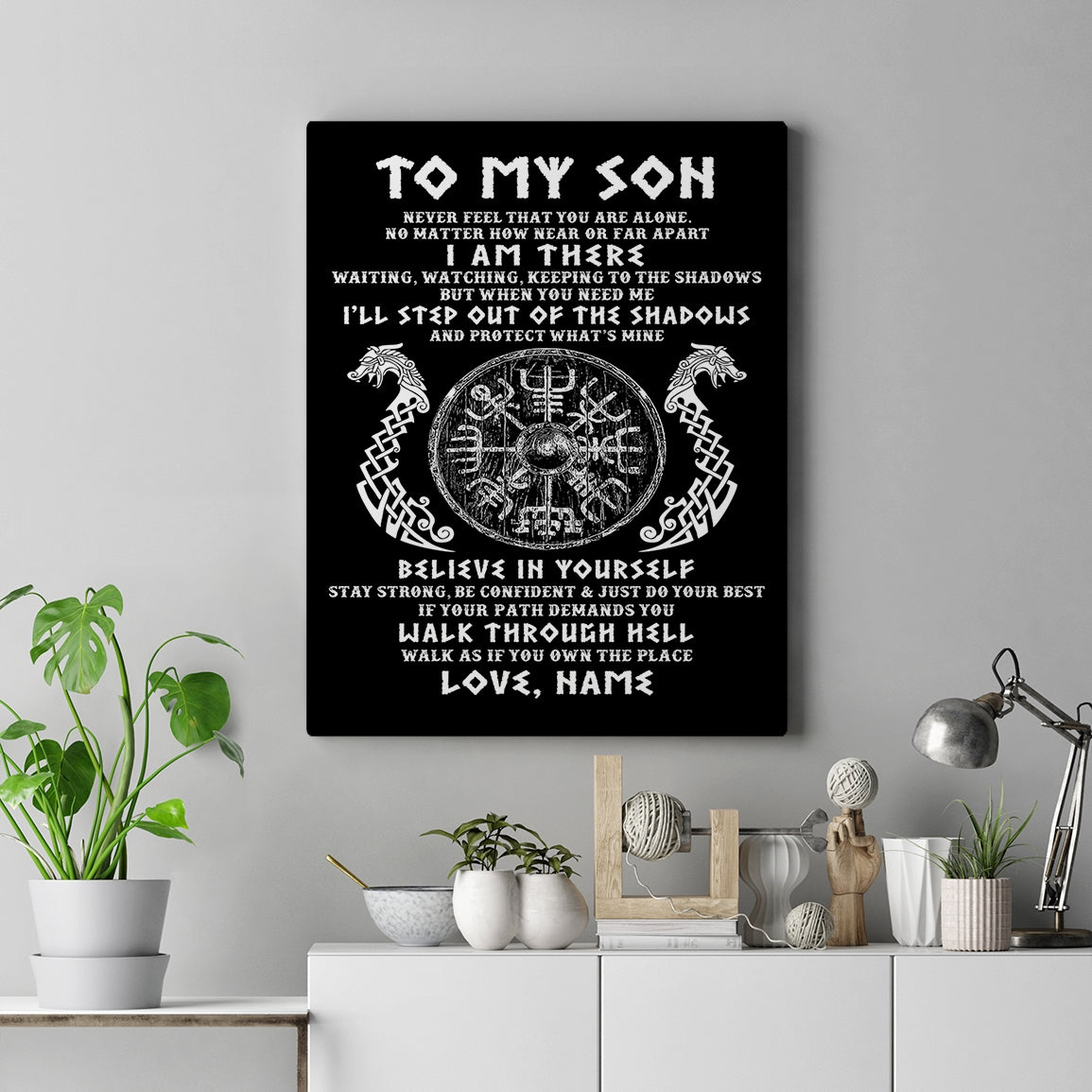 Personalized To My Son Viking Canvas Never Feel You Are Alone Odin Scandinavian Norse Runes Son Birthday Gifts Christmas Custom Wall Art Print Framed Canvas | teecentury