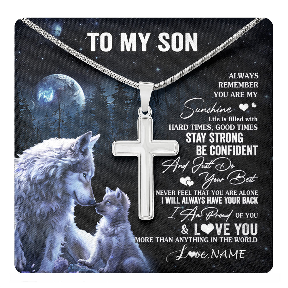 Stainless Cross Necklace Stainless Steel | 1 | Personalized To My Son Wolf Necklace From Mom Dad Mother Father Always Remember Son Birthday Graduation Christmas Customized Gift Box Message Card | teecentury