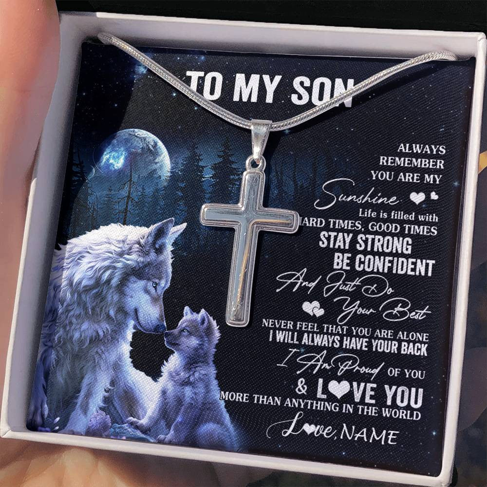 Stainless Cross Necklace Stainless Steel | 2 | Personalized To My Son Wolf Necklace From Mom Dad Mother Father Always Remember Son Birthday Graduation Christmas Customized Gift Box Message Card | teecentury