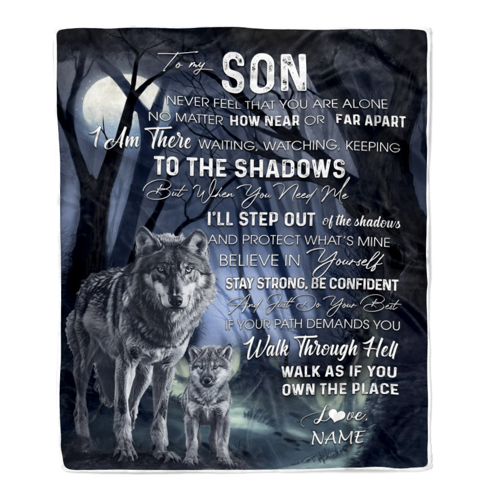 Personalized To My Son from Mom Blanket Never Feel You Are Alone Wolf Moon Night Dark Forest Family Love Son Birthday Christmas Customized Fleece Blanket Blanket | Teecentury.com