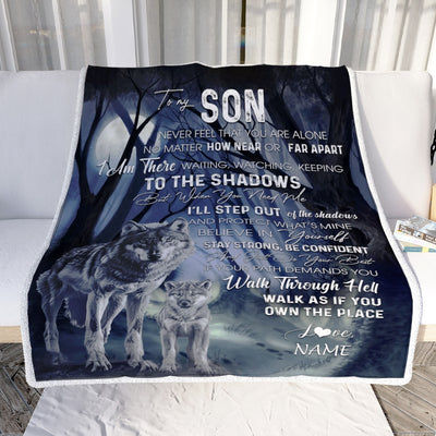 Personalized To My Son from Mom Blanket Never Feel You Are Alone Wolf Moon Night Dark Forest Family Love Son Birthday Christmas Customized Fleece Blanket Blanket | Teecentury.com